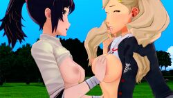 2girls accurate_art_style ann_takamaki breasts effineffer exhibitionism female female_only groping multiple_girls nipples outdoors outside persona persona_5 shiho_suzui streaking