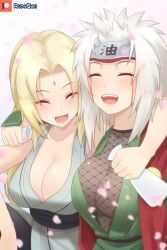 2girls arm_around_neck blonde_hair busty cherry_blossoms cleavage drunk female female_only genderswap_(mtf) haori happy happy_female implied_yuri japanese_clothes jiraiya kimono mature mature_female multiple_girls naruto naruto_(classic) naruto_(series) naruto_shippuden no_bra open_mouth petals rudy_saki rule_63 sake sake_bottle smile smiling top_heavy tsunade upper_body voluptuous white_hair yuri