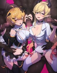 2girls 5boys big_breasts big_penis blonde_hair censored censored_penis cleavage collar dark-skinned_male dark_skin double_handjob group group_sex handjob hands_on_penis hololive hololive_gen_1 hololive_gen_2 hololive_japan horns interracial light-skinned_female light_skin mmmmmff_sevensome mosaic_censoring open_mouth purple_background sevensome simple_background stockings stomach_bulge thighs vaginal_penetration vaginal_sex virtual_youtuber wu-qiao yozora_mel yuzuki_choco