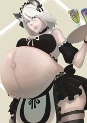 1girls beauty_mark belly big_belly big_breasts blue_eyes breasts cat_ears clone66 female linea_nigra maid maid_headdress maid_uniform nier:_automata nier_(series) outie outie_navel pregnant torpedo_belly veiny_belly white_hair yorha_a2