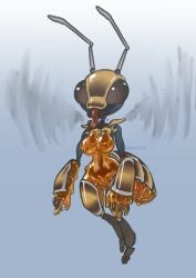 2022 absurd_res antennae_(anatomy) anthro arthropod bee breasts female flying food front_view full-length_portrait genitals hi_res honey_(food) hymenopteran insects long_tongue machine mootsider nude portrait pussy robot solo tongue tongue_out