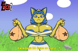 2022 animal_crossing animated ankha anthro bells_(animal_crossing) big_breasts blue_eyes blue_hair blue_nipples bouncing_breasts breasts catgirl cleavage digital_media_(artwork) elisalevin felid feline female female_only furry huge_breasts hyper hyper_breasts large_breasts looking_down money_bag nintendo nipples text yellow_fur