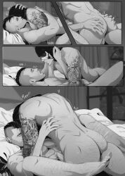 2boys anal anal_sex ass_grab black_and_white call_of_duty call_of_duty_modern_warfare_2_(2022) duo gay ghost_(modern_warfare_2) intimate john_mactavish looking_pleasured male male_only mask_lift missionary_position moaning mountainghouls mouth_open on_back on_bed passionate scratching simon_riley soap_(modern_warfare_2) tattoo yaoi