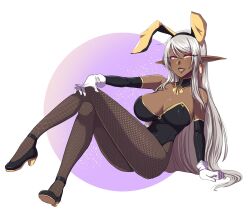 1girls 2022 armwear bent_legs big_breasts breasts bunny_ears bunnysuit cleavage collar commission crossed_legs dark-skinned_female dark_elf dark_skin earrings elbow_gloves elf elf_ears elf_female eyelashes eyeliner female female_only fishnet_pantyhose fishnets gloves heels hi_res leaning_on_hand lingerie lipstick long_hair looking_at_viewer makeup narrowed_eyes orange_eyes pantyhose pointy_ears pridekun sitting smiling smiling_at_viewer solo solo_female very_long_hair white_hair