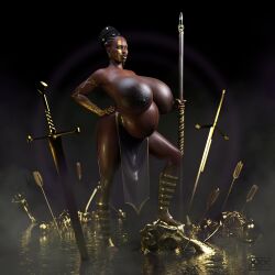 1girls 3d african african_female areolae belly big_belly big_breasts breasts dark-skinned_female dark_skin face_paint female huge_breasts large_areolae nipples pregnant spear sword thirty weapons