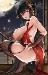 ahoge anus architecture ass azur_lane back bangs bare_shoulders big_areola big_nipples black_hair black_thighhighs blush bottomless bottomless_skirt breasts breasts_out bridal_gauntlets china_dress chinese_clothes cleavage_cutout clothing_cutout detached_sleeves dress east_asian_architecture female female_only fishnet_thighhighs fishnets full_moon garter_belt haihai_(skeleton) hair_ornament highres large_breasts long_hair looking_at_viewer looking_back moon night night_sky nipples official_alternate_costume one_side_up open_mouth pelvic_curtain pussy red_dress red_eyes sky solo solo_female squatting taihou_(azur_lane) taihou_(phoenix's_spring_song)_(azur_lane) thighhighs tongue tongue_out