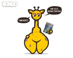 anthro bongo_(series) bonguitoweon furry giraffe holding_magazine holding_object magazine spanish_text text thick_thighs translated translated_in_comments