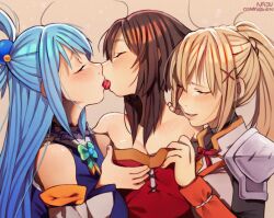 3girls aqua_(konosuba) aqua_hair blonde_hair blue_hair breast_grab brown_hair brunette darkness_(konosuba) female female_only fff_threesome kissing kono_subarashii_sekai_ni_shukufuku_wo! light_blue_hair megumin multiple_girls najucaju_naju threesome yuri