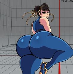 1girls asian asian_female brown_eyes brown_hair capcom caveman147 chun-li female female_only fully_clothed huge_ass legs_up looking_at_viewer looking_back skin_tight solo street_fighter street_fighter_alpha thick_thighs tight_clothing training training_stage