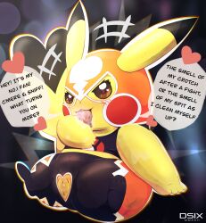 <3_eyes absurd_res blush blush_lines bodily_fluids cleaning clothed clothing cosplay_pikachu cosplay_pikachu_(costume) crotchless crotchless_clothing dialogue dipstick_ears dipstick_tail dripping dsub9 english_text female feral fur furry furry_only generation_1_pokemon genitals heart hi_res licking licking_self looking_at_viewer markings multicolored_ears nintendo partially_clothed pikachu pikachu_libre pokemon pokemon_(species) presenting presenting_pussy pussy saliva saliva_drip saliva_on_face saliva_on_self saliva_on_tongue saliva_string salivating self_lick smelly_pussy solo speech_bubble spread_legs spreading tail tail_markings talking_to_viewer text tongue tongue_out video_games