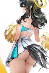 absurdres ass back bare_arms bare_shoulders big_ass black_hair blue_archive cheerleader cheerleader_uniform cowboy_shot crop_top curvy dog_girl dog_tail engineering_department_(blue_archive) fat_ass female from_behind halo heart heart-shaped_pupils hibiki_(blue_archive) hibiki_(cheerleader)_(blue_archive) highres holding holding_pom_poms horny hourglass_figure huge_ass large_ass long_hair looking_at_viewer looking_back millennium_science_school_student open_mouth pleated_skirt pom_pom_(cheerleading) pom_poms revealing_clothes seducing seductive seductive_eyes seductive_look seductive_mouth seductive_smile simple_background skirt solo tail thick_ass thick_thighs thighs voluptuous white_background yoncha yonminchan