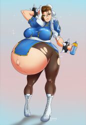 1girls asian asian_female belly big_belly big_breasts breasts brown_hair chun-li female huge_belly large_breasts marrazan outie outie_navel pregnant street_fighter torn_clothes