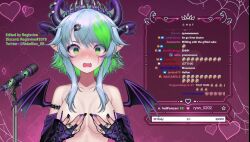 1girls accurate_art_style arm_belt armwear bangs bare_shoulders black_nails blush breasts chat covering_breasts cross_earrings demon_horns demon_wings discord_tag earrings embarrassed embarrassed_nude_female english_text female female_focus froot gray_hair green_eyes green_hair hearts horns light-skinned_female light_skin microphone nude nude_edit nude_filter pointy_ears purple_nails regisvine2078 ring rings solo solo_female spider_web text tiara twitch twitter_username two_tone_hair upper_body virtual_youtuber vshojo wings