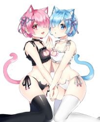 2girls black_bra black_lingerie black_panties black_thighhighs blue_eyes blue_hair bra breasts cat_ears cat_keyhole_bra cat_keyhole_lingerie cat_lingerie cat_tail choker danma_(codnjs7916) hair_over_one_eye hair_ribbon holding_hands lingerie looking_at_viewer medium_breasts multiple_girls panties pink_eyes pink_hair ram_(re:zero) re:zero_kara_hajimeru_isekai_seikatsu rem_(re:zero) short_hair side-tie_panties sisters thighhighs white_bra white_lingerie white_panties white_thighhighs