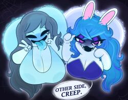 2girls anthro ass ass_to_ass bent_over big_ass big_breasts black_hair blue_hair breasts bubble_butt cleavage clothing crossover dialogue dress female female_only front_view ghost ghost_girl huge_ass huge_breasts lagomorph large_ass large_breasts mario_(series) mario_+_rabbids mario_+_rabbids:_sparks_of_hope midnite_(mario_+_rabbids) open_mouth ota_(artist) pink_eyes rabbid rabbit raving_rabbids spooky's_house_of_jump_scares spooky_(shojs) talking_to_viewer text tongue tongue_out