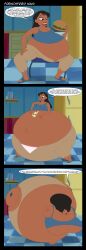 altzegoz_(artist) bbw big_breasts bottom_heavy breast_expansion breasts cleavage comic dark-skinned_female dark_skin dialogue eating fat female food huge_breasts lilo_and_stitch morbidly_obese nani_pelekai obese outie outie_navel overweight sequence text weight_gain