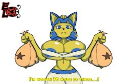 2022 animal_crossing animated ankha anthro bells_(animal_crossing) big_breasts blue_eyes blue_hair blue_nipples bouncing_breasts breasts catgirl cleavage digital_media_(artwork) elisalevin felid feline female female_only furry huge_breasts hyper hyper_breasts large_breasts looking_down money_bag nintendo nipples text transparent_background yellow_fur