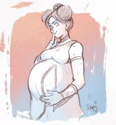 1girls avatar_legends avatar_the_last_airbender belly big_belly big_breasts breasts canon_pregnancy clothing female fire_nation katara large_breasts pregnant ready_to_pop sapphicbump sapphire_fire solo_female twin_buns water_tribe