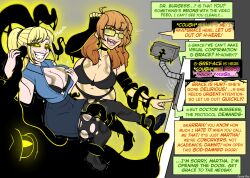 2girls black_sclera blonde_hair brainwashing brown_hair ear_penetration eldritch_horror english_text fanterfane female identity_death large_ass large_breasts multiple_girls offscreen_character page_2 possession ripped_clothing takeover tentacle text thick_thighs yellow_eyes