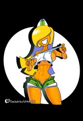 1girls 2022 4_eyes absurd_res artist_name ass_visible_through_thighs bare_arms bare_shoulders black_background blonde_hair breasts female female_only green_eyes grin hair_over_eyes highres koopa koopa_girl lifted_by_self looking_at_viewer mario_(series) medium_breasts micro_shorts midriff minus8 navel nintendo nipple_slip shadow shirt shirt_lift short_shorts shorts sideboob simple_background solo spotlight standing tan tank_top tank_top_lift tanline teeth thighs thong url watermark yellow_skin