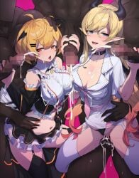 2girls 5boys big_breasts big_penis blonde_hair censored censored_penis cleavage collar cum cum_in_pussy cum_inside cum_on_breasts dark-skinned_male dark_skin double_handjob group group_sex handjob hands_on_penis hololive hololive_gen_1 hololive_gen_2 hololive_japan horns interracial light-skinned_female light_skin mmmmmff_sevensome mosaic_censoring open_mouth purple_background sevensome simple_background stockings stomach_bulge thighs vaginal_penetration vaginal_sex virtual_youtuber wu-qiao yozora_mel yuzuki_choco