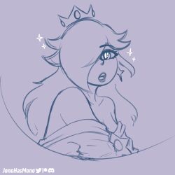 breasts exposed_shoulders eyelashes hair_over_one_eye jonohasmono mario_(series) monochrome nintendo one_eye_covered one_eye_obstructed princess_rosalina shoulders sparkle sparkles star stars tiara