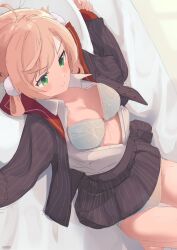 1girls ahoge bitween0908 blonde_hair blush bra breasts cleavage collarbone female female_only green_eyes highres indie_virtual_youtuber light-skinned_female light_skin long_sleeves lying lying_on_bed medium_breasts open_shirt panties pleated_skirt shigure_ui_(vtuber) skirt skirt_lift solo thighs underwear virtual_youtuber