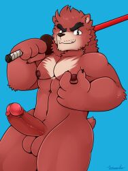 anthro balls bara barazoku beast big_penis black_nose boner chest_tuft erection furry gay kumatetsu male male_only muscles muscular penis red_body red_fur schwarzfox solo solo_male the_boy_and_the_beast weapon_over_shoulder