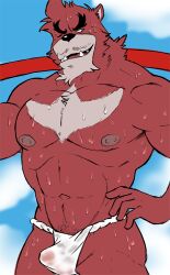 anthro balls bara barazoku beast black_nose bulge chest_tuft fundoshi fundoshi_only furry gabshiba gay kumatetsu male male_only muscles muscular penis red_body red_fur solo solo_male sweaty the_boy_and_the_beast weapon_over_shoulder