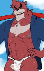 anthro balls bara barazoku beast black_nose bulge chest_tuft fundoshi furry gabshiba gay kumatetsu male male_only muscles muscular penis red_body red_fur solo solo_male sweaty the_boy_and_the_beast weapon_over_shoulder