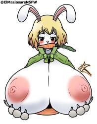 alternate_breast_size anthro areolae big_breasts blonde_hair blush breasts carrot carrot_(one_piece) clothing elmasiosare female female_only gigantic_breasts highres huge_breasts nipples one_piece rabbit white_background