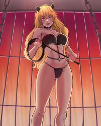 blonde_hair bondage femdom headband horn_headband horns large_breasts lingerie naviloser panties rwby whip yang_xiao_long