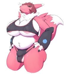 1futa 2022 anthro bandai_namco big_breasts black_sclera breasts brown_hair bulge clothed clothing digimon digimon_(species) dipstick_tail eyewear fur furry futa_only futanari glasses gynomorph hair hand_on_hip huge_breasts intersex looking_at_viewer markings mostly_nude nipple_outline pink_body pink_fur renamon simple_background slightly_chubby solo standing subakitsu tail_markings white_background white_body white_fur