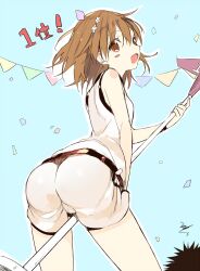 10s 1girls 2013 :d ass bare_shoulders belt bent_over between_legs big_ass blush_stickers brown_eyes brown_hair confetti crotch_rub dat_ass female gym_shorts gym_uniform hair_ornament hairpin matching_hair/eyes misaka_mikoto numbered_flag oerba_yun_fang open_mouth school_uniform schoolgirl short_hair shorts smile solo teenage_girl teenager to_aru_kagaku_no_railgun to_aru_majutsu_no_index tsunekawa_niwasuke young