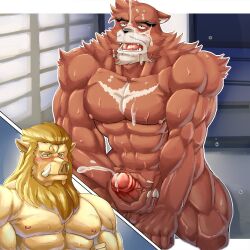 akuann anthro balls bara barazoku beast black_nose boner chest_tuft cum erection furry gay iozen kumatetsu male male_only masturbation muscles muscular orgasm penis red_body red_fur suspenders sweaty the_boy_and_the_beast