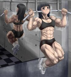 abs biceps black_eyes black_hair bra breasts calves female gym maro_(m-k4) muscular_arms muscular_female muscular_legs muscular_thighs six_pack sports_bra sportswear sweat sweatdrop