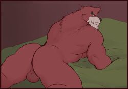 anthro ass backsack balls bara barazoku beast black_nose burrserk chest_tuft furry gay kumatetsu looking_back male male_only muscles muscular on_hands_and_knees penis red_body red_fur solo solo_male the_boy_and_the_beast