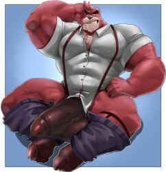 anthro balls bara barazoku beast black_nose bulge chest_tuft cursedmarked furry gay kumatetsu male male_only muscles muscular pants_around_ankles pants_down penis red_body red_fur see-through_clothing shirt solo solo_male the_boy_and_the_beast