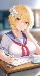 1girls blonde_hair blurry_background breasts eraser flower_in_hair fukuro_ko_(greentea) genshin_impact holding_pen large_breasts looking_at_viewer lumine_(genshin_impact) medium_hair pen pencil_case school_desk school_uniform solo textbook yellow_eyes