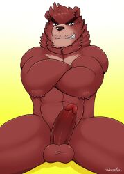 anthro arms_crossed balls bara barazoku beast big_penis black_nose boner chest_tuft erection furry gay kumatetsu male male_only muscles muscular penis red_body red_fur schwarzfox solo solo_male spread_legs the_boy_and_the_beast