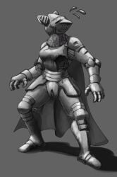 anthro armor bodily_fluids chainmail chiropteran codpiece dagny damage damaged_armor female genitals headgear helmet hi_res hole_(anatomy) mammal monochrome plate_armor pussy revertigo shadow simple_background solo sweat sweatdrop transformation worried