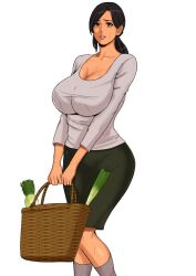 bag breasts cleavage daikon groceries grocery_bag large_breasts mature_female milf ponytail radish shopping_bag spring_onion tan_skin vegetable yojouhan_shobou