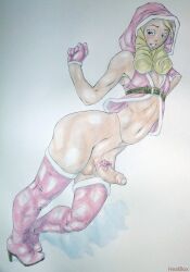 1futa balls blonde_hair erection exaggerated_anatomy foreskin full_body futanari heatbox hood intersex karin_kanzuki penis pose standing street_fighter traditional_media_(artwork) uncircumcised wide_hips