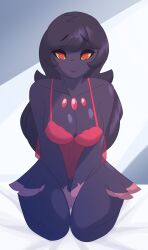 1girls 2022 bed big_breasts black_hair breasts cleavage clothes clothing dark-skinned_female dark_skin digital_media_(artwork) dullyarts female generation_4_pokemon lingerie looking_at_viewer mismagius on_knees pokemon pokemon_(species) pokemon_dppt purple_skin red_eyes simple_background smile solo tagme white_background yellow_sclera