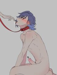 1boy artist_request blue_eyes blue_hair collar nijisanji nijisanji_en penis pierced_penis saliva_trail virtual_youtuber yaoi yugo_asuma