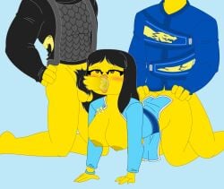 1girls 2boys affectionate black_hair blowjob blush breasts breasts_out cole_(ninjago) doggy_style duchess_pixal faceless_male hands_on_ass hands_on_hips jay_(ninjago) large_areolae large_breasts large_penis lego march_of_the_oni_(ninjago) mesmerized ninjago ninjago:_legacy nya_(ninjago) penile_penetration penis pubic_hair sharing_partner yellow_penis yellow_skin