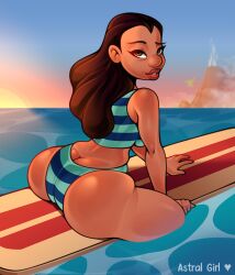 1girls ass ass_cleavage astral_girl black_hair brown_eyes butt butt_crack dark-skinned_female dark_skin disney female female_only hawaiian in_water lilo_and_stitch long_hair looking_at_viewer looking_back nani_pelekai narrowed_eyes partially_clothed round_ass sea solo solo_female surfboard swimwear thick_ass thick_thighs very_high_resolution