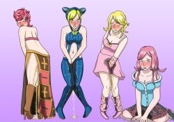 4girls female_only jojo's_bizarre_adventure jojolion jolyne_kujo lucy_steel multiple_girls omorashi papergami peeing peeing_self piss_soaked piss_soaked_clothes soaked_clothes steel_ball_run stone_ocean trish_una urination urine vento_aureo wet_clothes wetting wetting_self yasuho_hirose