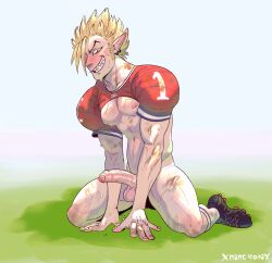 1boy balls blonde_hair dirty erection eyeshield_21 foreskin grin kneeling male_focus male_only muscular nude penis pointy_ears solo solo_focus sport sportswear xmanticorax yoichi_hiruma