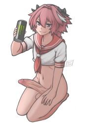 1boy asdfcobi astolfo_(fate) astolfo_monster_cosplay_(meme) balls big_penis bottomless erect_penis erection fate_(series) femboy huge_cock hung_trap light-skinned_femboy light-skinned_male light_skin male male_focus male_only monster_energy monster_energy_drink penis purple_eyes solo solo_male testicles trap